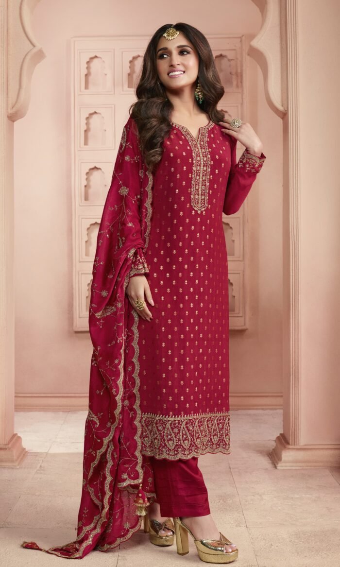 Heavy Thread Embroidered Dola Jacquard & Chinon Salwar Kameez